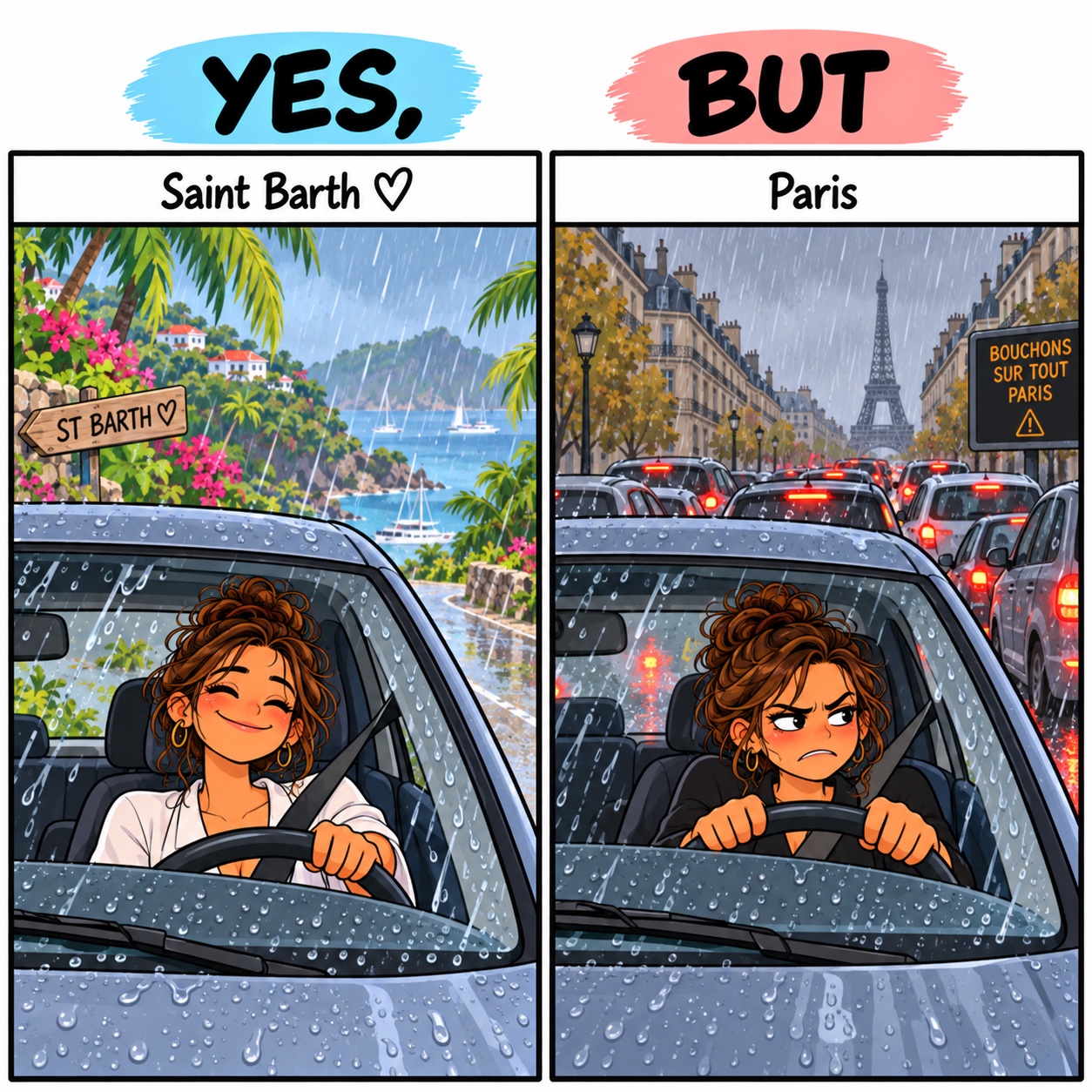 La pluie à Saint-Barth… et les bouchons à Paris